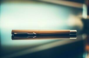 elegante penna su vetroso scrivania foto