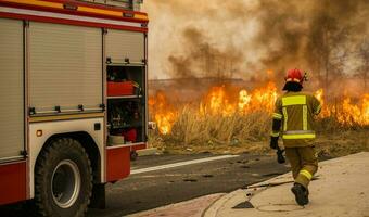 i vigili del fuoco a piedi Il prossimo per camion dei pompieri foto