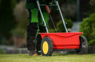 prato erba fertilizzante utilizzando Manuale spingere spargitore foto