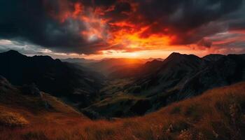 maestoso montagna picco, indietro illuminato di tramonto giallo cielo generato di ai foto