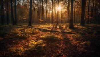 vivace autunno fogliame si illumina tranquillo foresta sentiero a Alba generato di ai foto