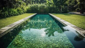 rinfrescante bordo piscina oasi circondato di lussureggiante verdura e moderno architettura generato di ai foto