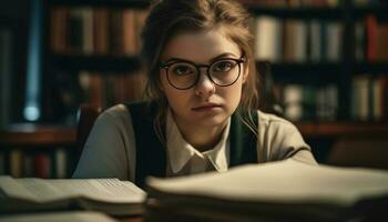 giovane adulto donna studiando letteratura nel biblioteca con occhiali generato di ai foto