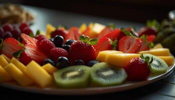 fresco frutta insalata con un' varietà di colorato frutti di bosco e meloni generato di ai foto