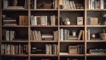 antico libro collezione su vecchio stile di legno scaffale per studiando saggezza generato di ai foto