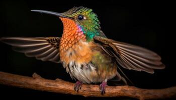 colibrì perching su ramo, diffusione iridescente Multi colorato Ali generato di ai foto
