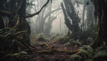 mistero foresta scuro, sinistro, tranquillo, bellezza nel natura, natura selvaggia avventura generato di ai foto