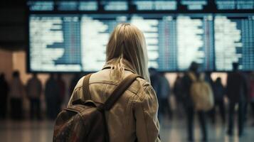 sconcertato e frustrato giovane adulto donna guardare a arrivo e partenza tavola a il affollato aeroporto - generativo ai. foto