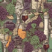 senza soluzione di continuità piastrella illustrazione di vino e uva tema - generativo ai. foto