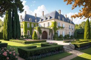 illustrazione di un' Rinascimento architettura stile francese castello nel un' francese giardino su un' bellissimo estate giorno - generativo ai foto