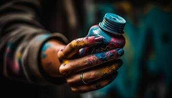 creativo artista Tenere dipingere bottiglia all'aperto generato di ai foto