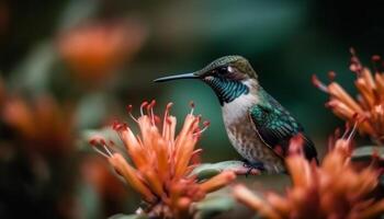 colibrì perching su ramo, alimentazione su vivace viola fiore generato di ai foto