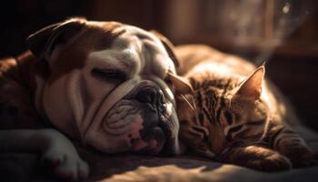 addormentato bulldog cucciolo, coccolati e confortevole in casa generato di ai foto