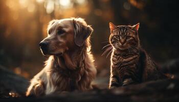 di razza cane e gattino Condividere giocoso amicizia all'aperto generato di ai foto