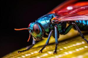 ritratto macro insetto su il foglia ai generativo foto