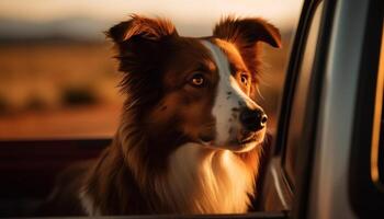 di razza cane da pastore seduta nel macchina, guardare all'aperto generato di ai foto