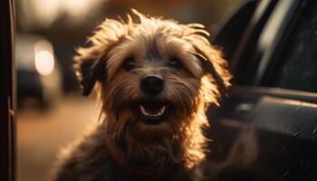carino terrier cucciolo seduta nel macchina, sorridente generato di ai foto