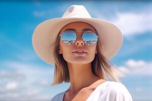 ritratto un' bellissimo donna indossare cappello e occhiali da sole ai generativo foto