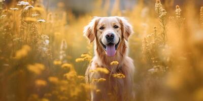 ritratto cane su il fiori giardino con leggero esposizione ai generativo foto