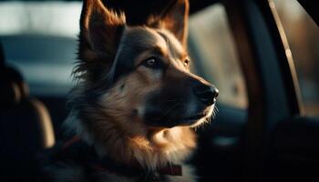 di razza Tedesco pastore cucciolo seduta nel auto all'aperto generato di ai foto