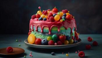 Multi colorato bacca dolce con fresco frutta e cioccolato decorazione generato di ai foto