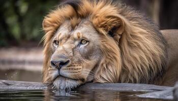 maestoso Leone riposo nel il savana, fissando con selettivo messa a fuoco generato di ai foto