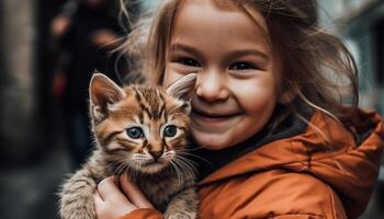 sorridente bambino abbraccia giocoso gattino nel natura generato di ai foto