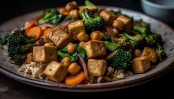 agitare fritte vegetariano pasto con tofu e broccoli generato di ai foto