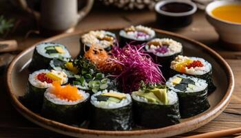 fresco frutti di mare maki Sushi piatto con avocado generato di ai foto
