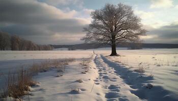 tranquillo inverno paesaggio, congelato albero ramo bellezza generato di ai foto