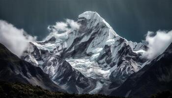 maestoso montagna gamma, neve capped picchi, tranquillo scena generato di ai foto