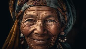 sereno anziano donna sorridente, guardare a telecamera generato di ai foto