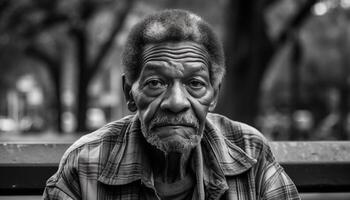 triste anziano uomo seduta solo nel natura generato di ai foto