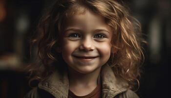 sorridente bambino con carino Riccio capelli ritratto generato di ai foto