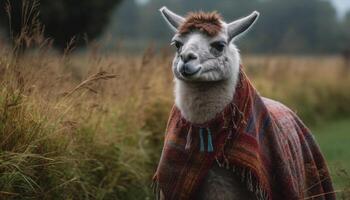 carino alpaca pascolo nel rurale prato, sorridente generato di ai foto