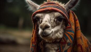 sorridente alpaca nel rurale inca cultura ritratto generato di ai foto