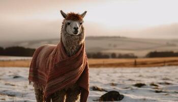 carino alpaca pascolo su nevoso montagna prato generato di ai foto