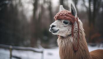 carino alpaca nel maglia cappello gode inverno neve generato di ai foto