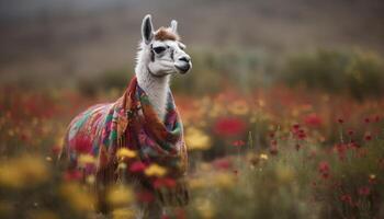 carino alpaca pascolo nel verde prato, in piedi generato di ai foto