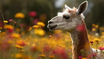 soffice alpaca sfiora nel lussureggiante verde prato generato di ai foto