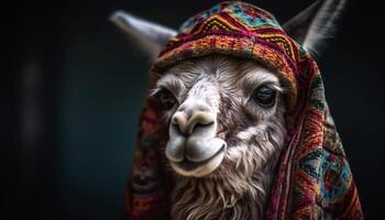 carino alpaca nel maglia cappello sorrisi per telecamera generato di ai foto