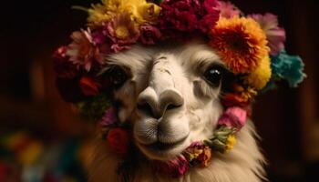 carino alpaca con di lana pelliccia e sorridente occhi generato di ai foto