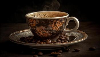 scuro, profumato caffè nel rustico legna boccale generato di ai foto