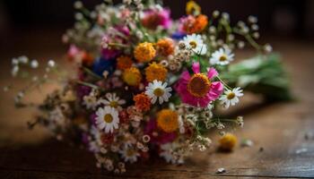 un' rustico mazzo di fiori selvatici e erbe aromatiche generato di ai foto