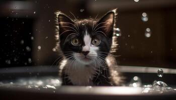 giocoso gattino guarda a acqua far cadere bolla generato di ai foto