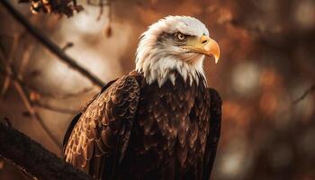 maestoso Calvo aquila perching su albero ramo generato di ai foto