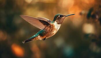 librarsi colibrì si diffonde iridescente Ali nel medio aria generato di ai foto