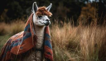 carino alpaca guardare a telecamera nel pascolo generato di ai foto