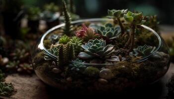 fresco succulento pianta nel ornato vaso decora tavolo generato di ai foto