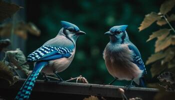 Due storni perching su ramo, piume arruffato generato di ai foto